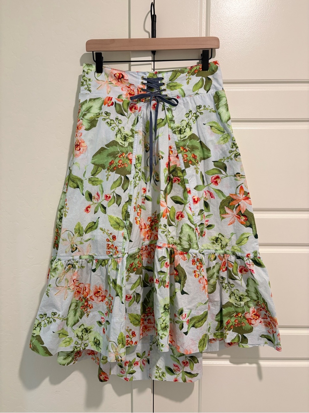 Tommy Hilfiger Cottagecore Fairycore High-Low Tiered Lace Up Waist Floral Skirt